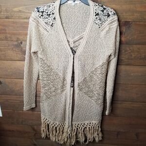 Miss Me Cardigan Sweater Open Weave Lace Crochet Fringe Oatmeal Tan Sz Sm Boho